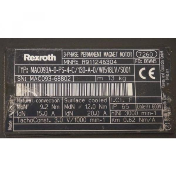 Origin REXROTH MAC093A-0-PS-4-C/130-A-0/WI518LV/S001 SERVO MOTOR R911246304 #4 image