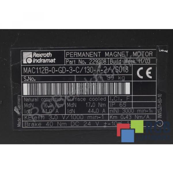 MAC112B-0-GD-3-C/130-A-2//S018 41A 3000MIN-1 SERVOMOTOR REXROTH ID14843 #5 image